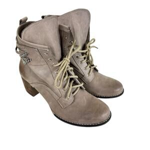 Zapato Light Tan Lace Up Heeled Italian Leather Ankle Boots Chain Straps 8.5 39